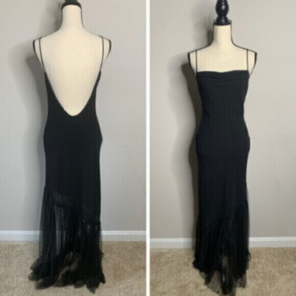 Dave & Johnny Vintage Black Plunging V-Back and Sheer Mesh Formal Maxi Dress - Picture 1 of 11